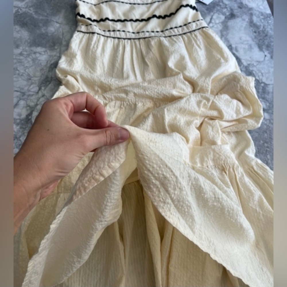 Japna Cream Cotton Tiered Midi Dress Black Ric Rac Trim Smocked Boho S - Picture 3 of 10